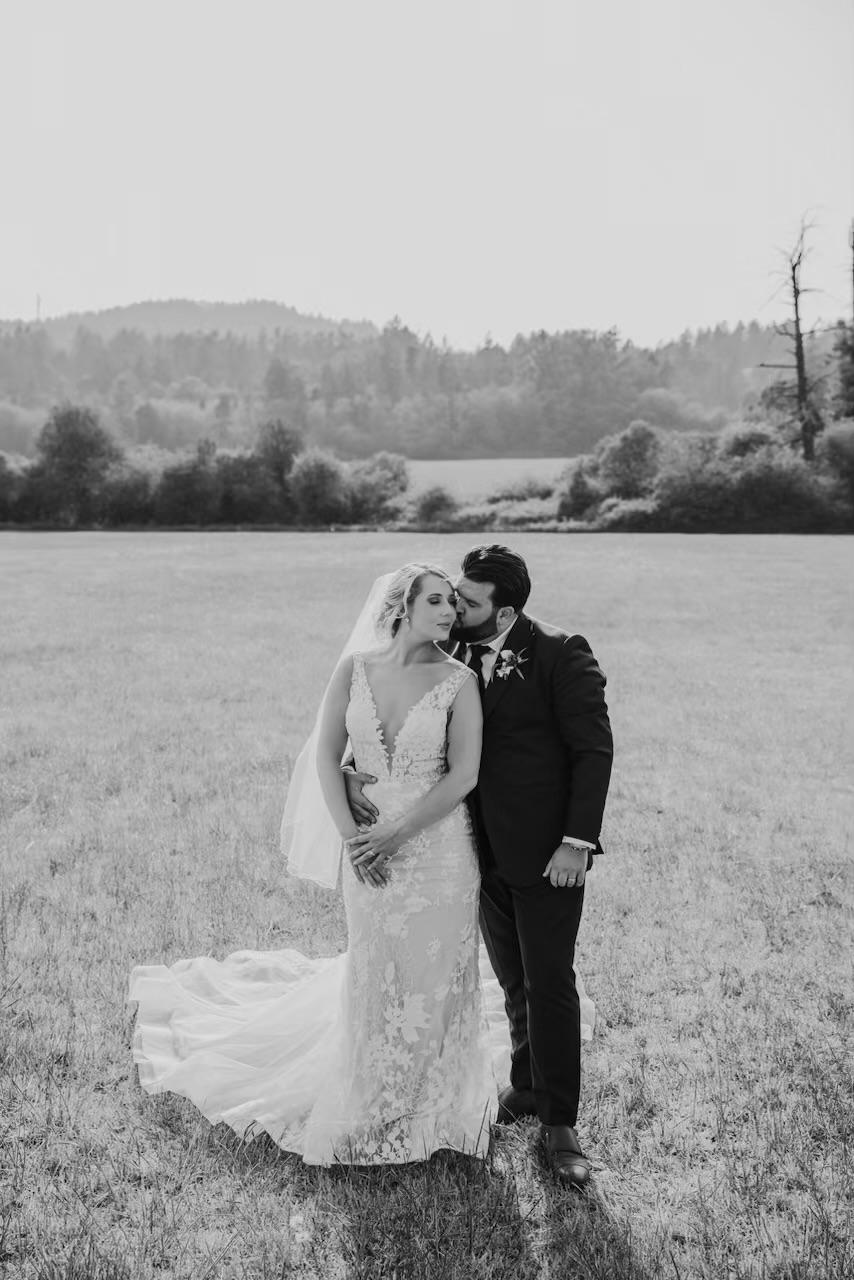 Wedding Couple Embrace Field Black White